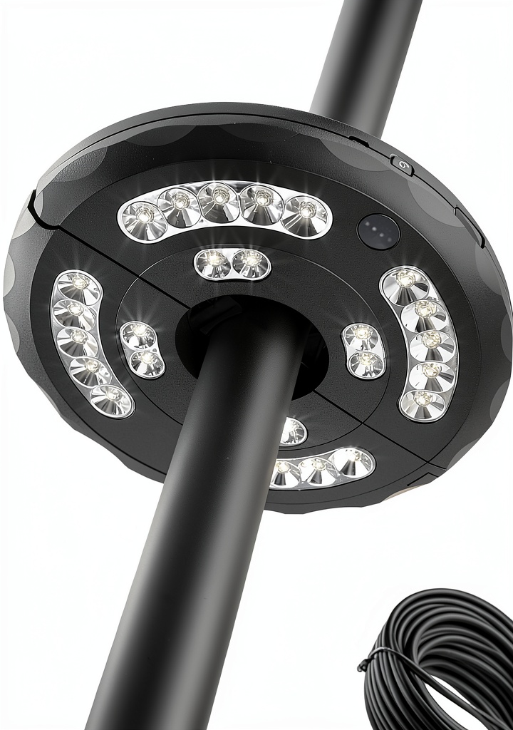 'Stdlyxun LED umbrella light mounted on a patio umbrella'