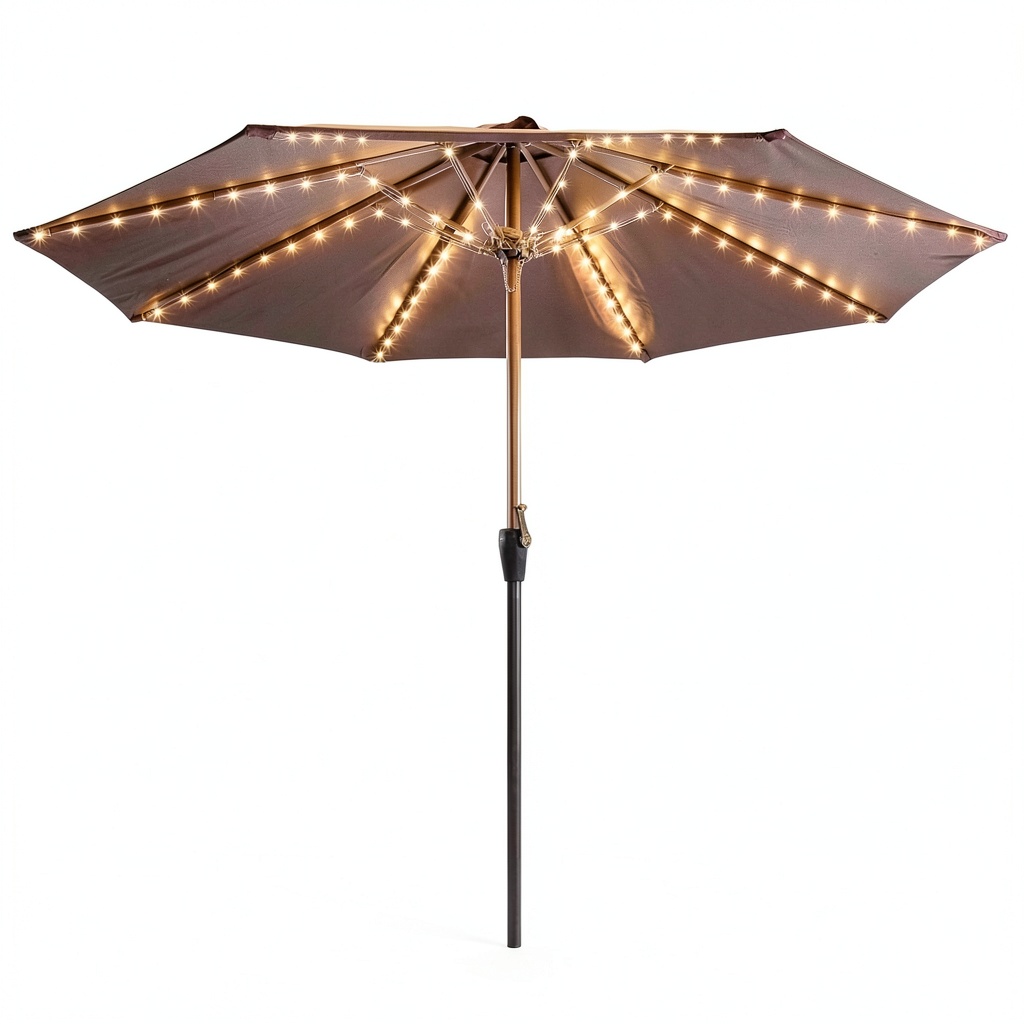 Frienda umbrella string lights illuminating a patio umbrella at night