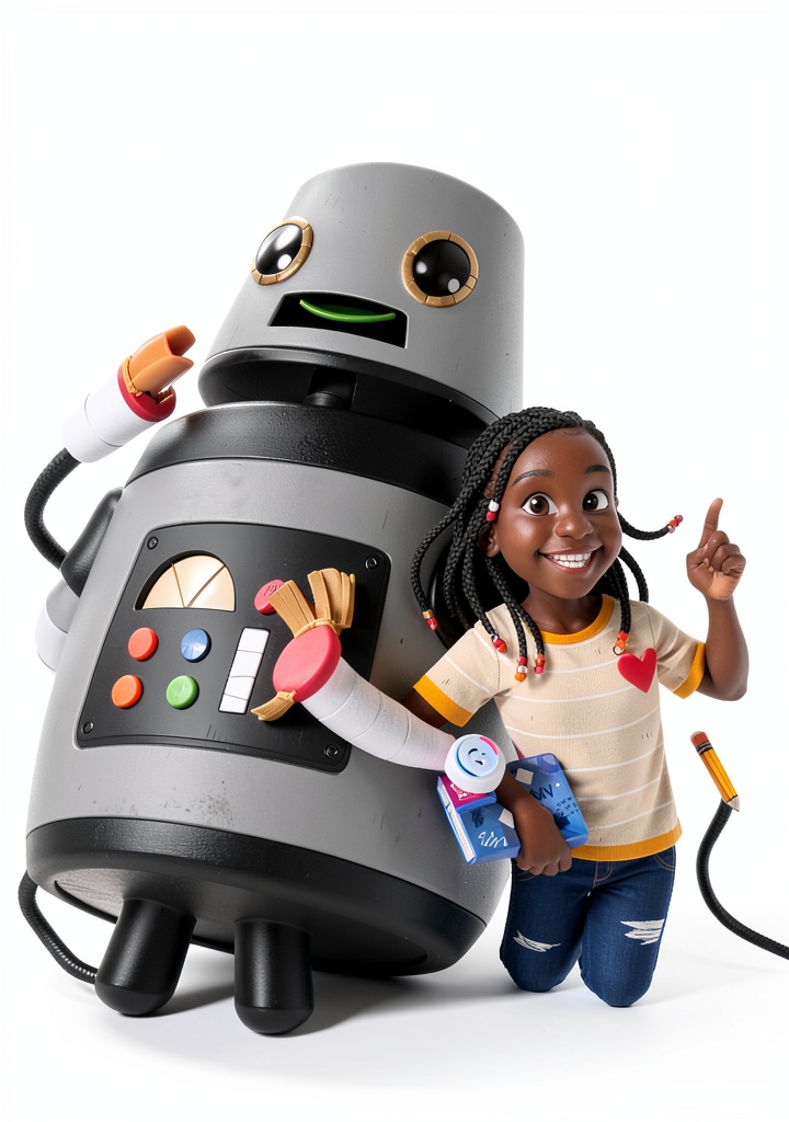 'Children reading the robot science fiction book in a classroom setting'