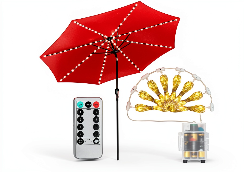 AMIR patio umbrella lights illuminating a cozy deck setting