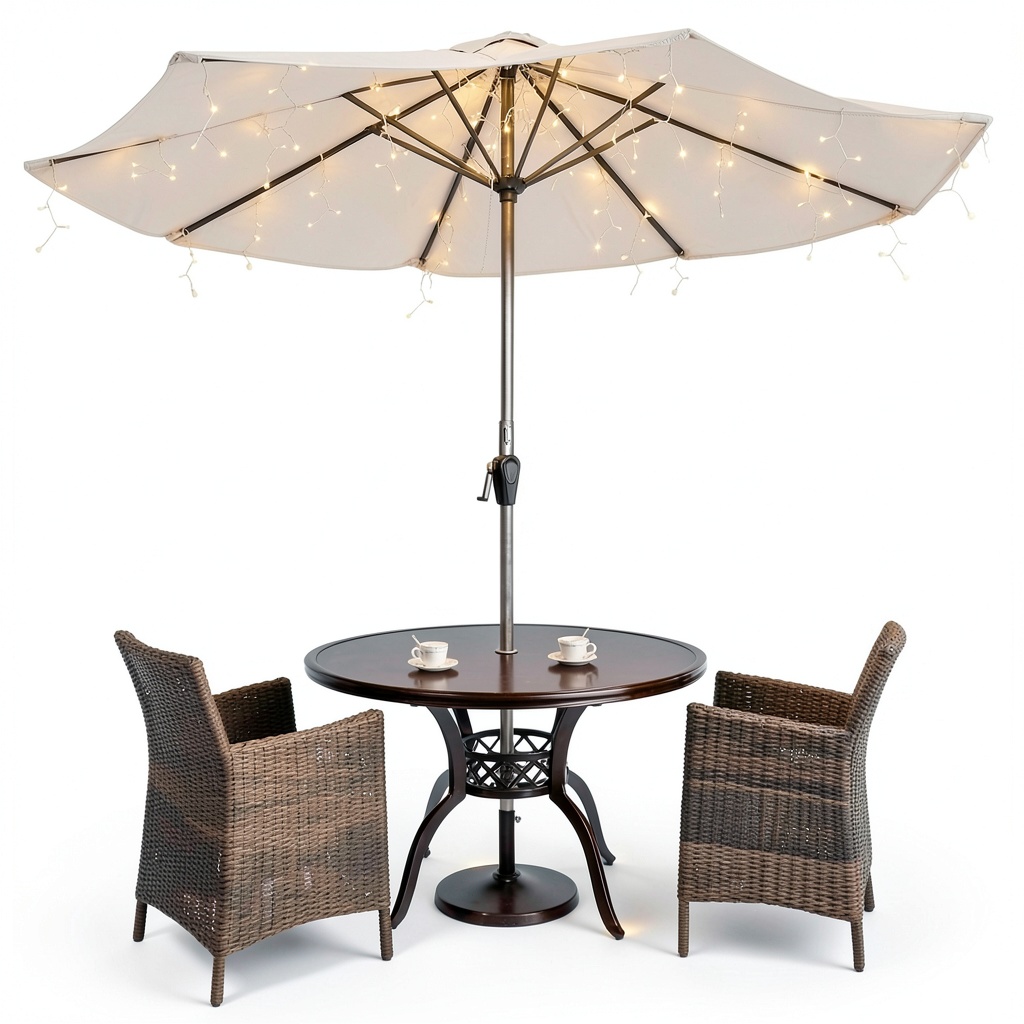 ALL FORTUNE solar umbrella lights glowing on a patio umbrella