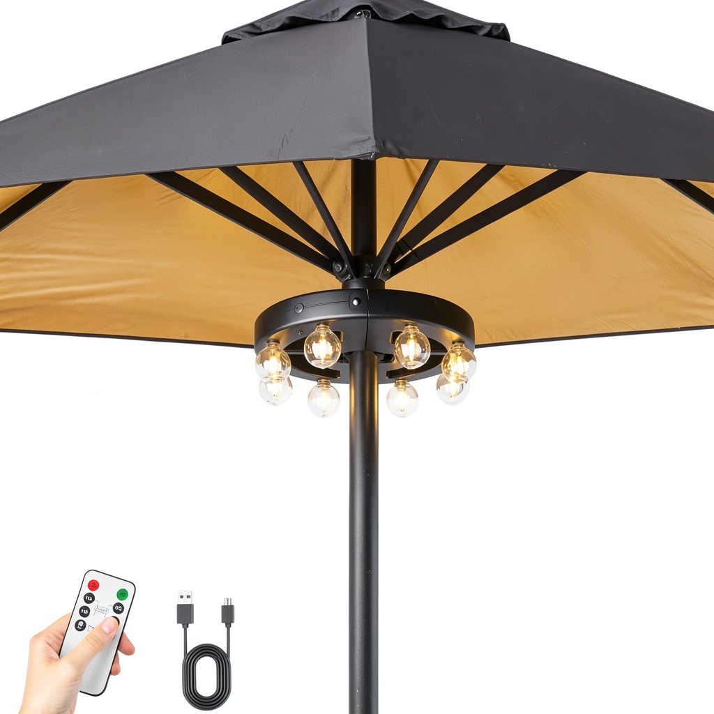 Qisheng LED umbrella lights installed on a patio umbrella during evening use