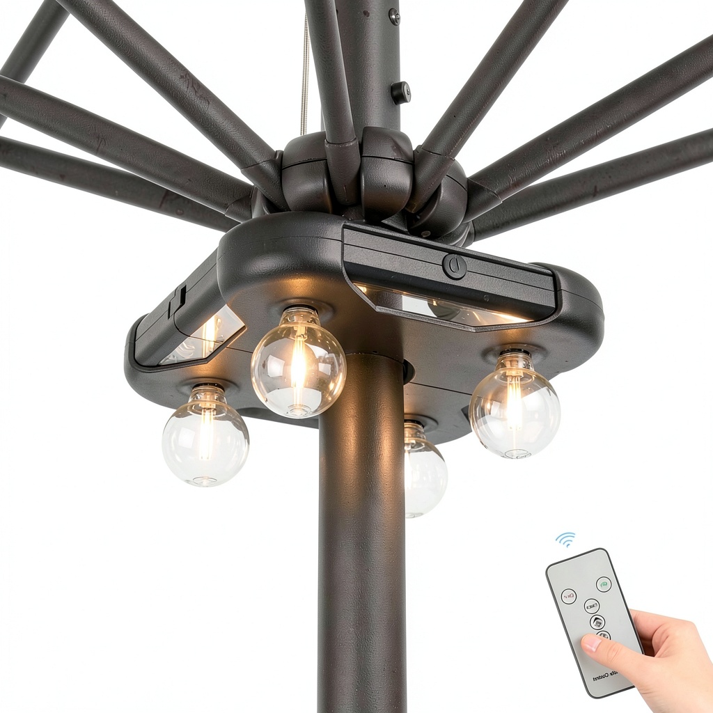 Installing Huizhou Qisheng LED Umbrella Lights Adjustable Brightness on a wooden patio umbrella pole