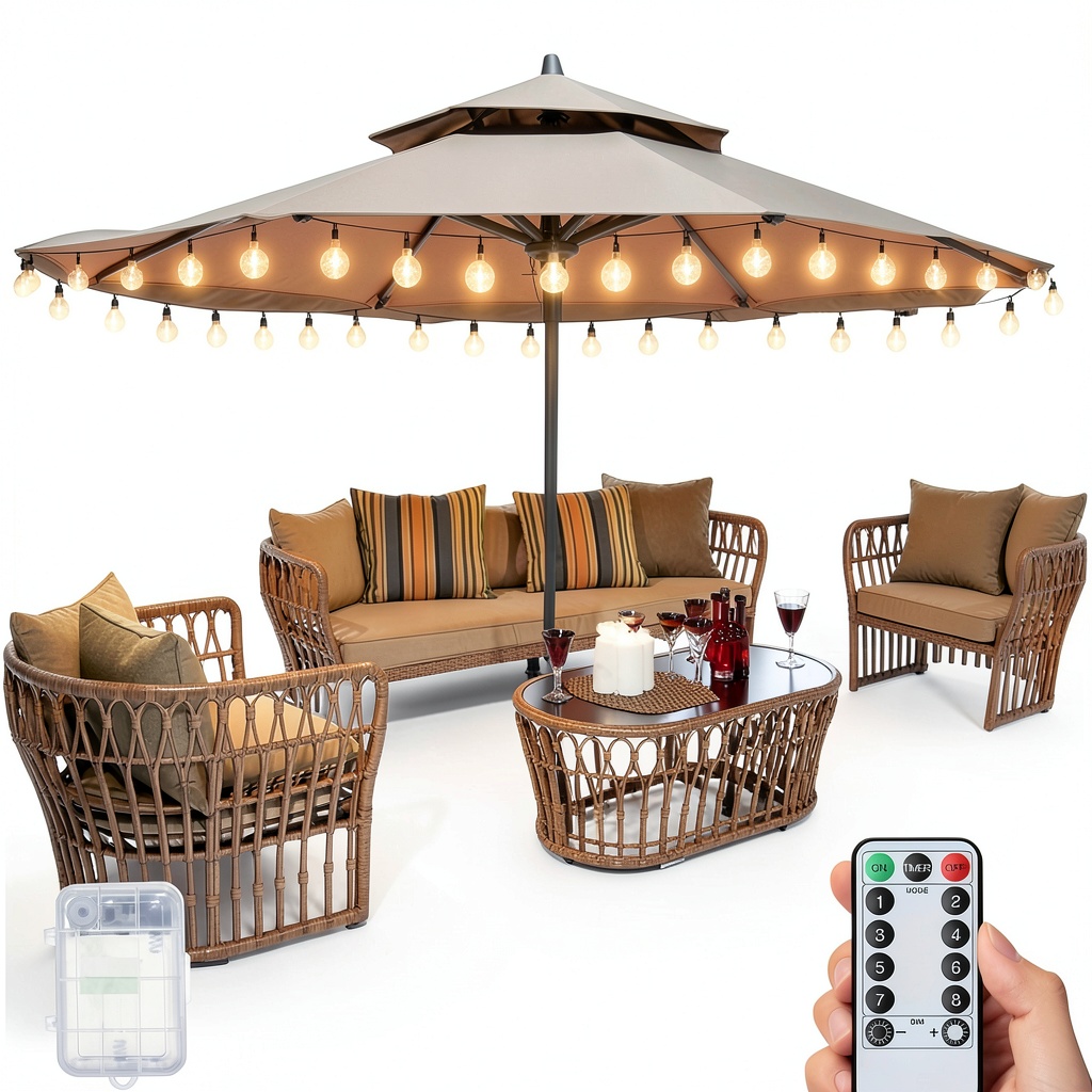 Installing POOCCI LED Umbrella String Lights Remote Control Waterproof on a wooden deck