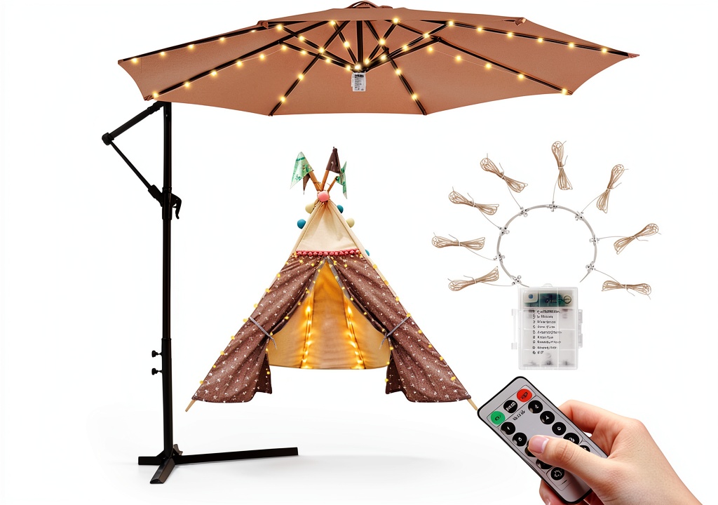 iYeHo LED umbrella lights installed on a patio umbrella in a garden setting