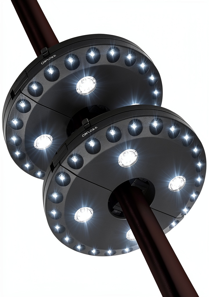 Installing HELESIN LED Umbrella Light 28 Bulbs Outdoor Patio Lighting on a wooden desk
